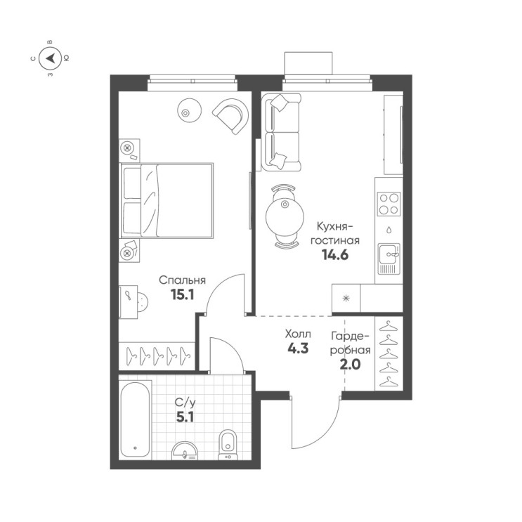 ЖК «Ягодное Река Парк». Планировка 1кк. Группа «Эталон»