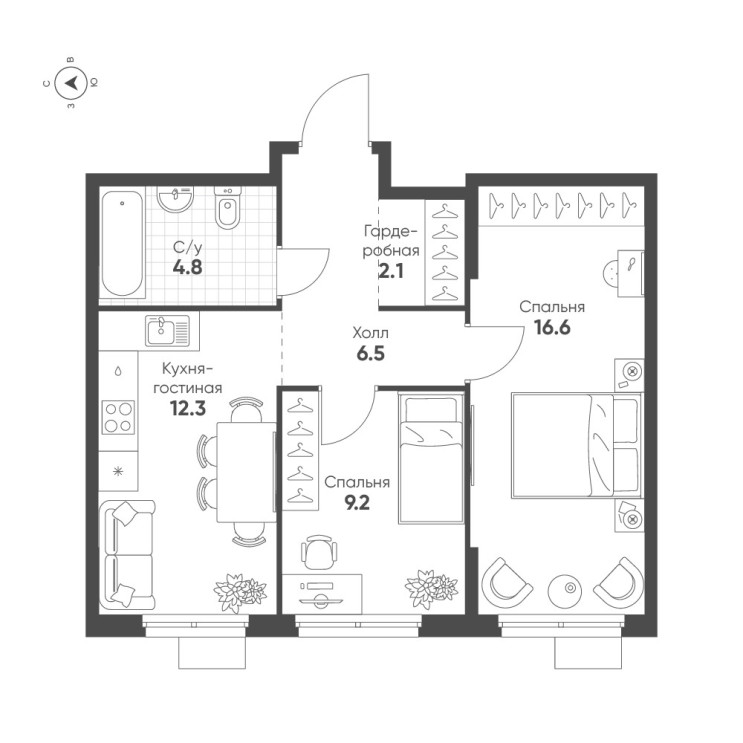 ЖК «Ягодное Река Парк». Планировка 2кк. Группа «Эталон»