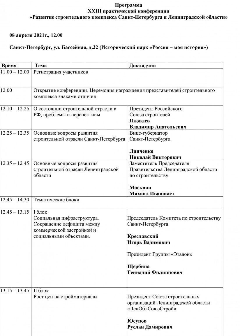Программа  XXIII практической конференции «Развитие строительного комплекса Санкт-Петербурга и Ленинградской области».