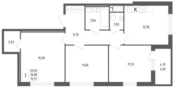 ЖК «Новикола»  3-к квартира 72.17 м2